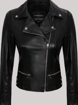 Siyah Hakiki Kuzu Derisi Yandan Fermuar Cepli Çıtçıt Detaylı Deri Mont