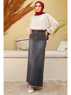 Koyu Gri Denim Eteği Püsküllü Etek