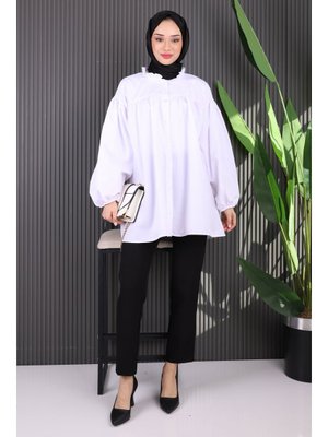 Beyaz Yaka Fırfırlı Balon Kol Tunik Beyaz Yaka Fırfırlı Balon Kol Tunik