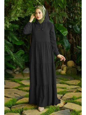 Siyah Denim Parça Boya Kapüşonlu Elbise