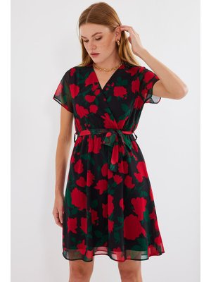 Siyah Kısa Kol Desenli Şifon Elbise Siyah Kısa Kol Desenli Şifon Elbise