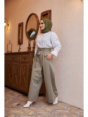 Haki Denim Lastikli Parça Boya Pantolon