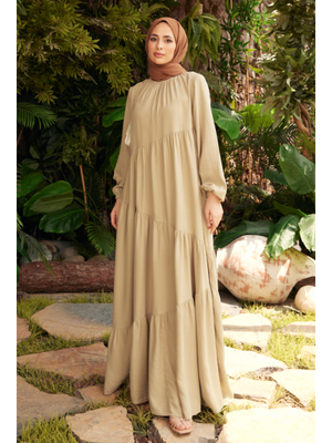 Bej Denim Büzgülü Tensel Elbise