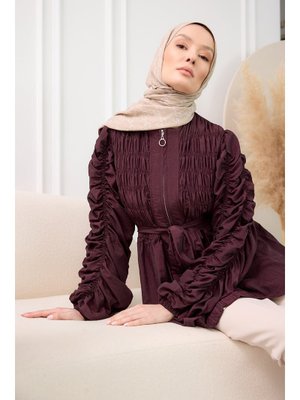 Bordo Büzgü Detaylı Fermuarlı Ceket Bordo Büzgü Detaylı Fermuarlı Ceket