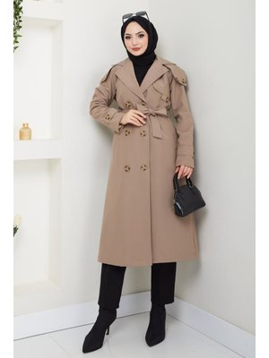 Omuzları Apolet Detaylı Astarlı Bej Trençkot