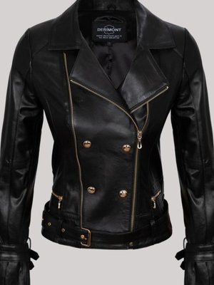 Siyah Hakiki Kuzu Derisi Düğmeli Kol Ve Belden Kemerli Fermuar Detaylı Deri Mont