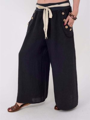 Antrasit İtalyan Korsajlı Düğme Detay Otantik Kemerli Bol Paçalı Keten Pantolon