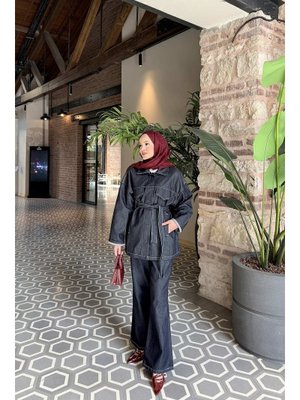 Lacivert Kuşaklı Denim Takım