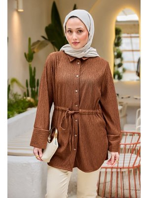 Kahverengi Beli Kemerli Damla Gömlek