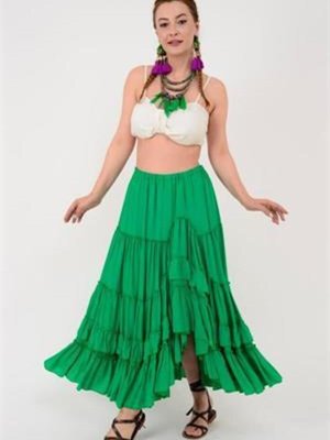 Yeşil Özel Gucci Tasarım Ham Keten Otantik Astarlı Carmen Uzun Etek