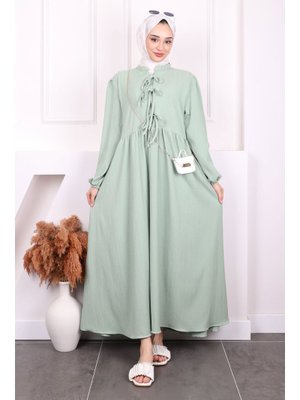 Mint Yeşili Kol Lastikli Yaka Bağlamalı Bürümcük Elbise Mint Yeşili Kol Lastikli Yaka Bağlamalı Bürümcük Elbise
