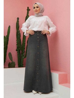 Koyu Gri Denim Düğmeli Etek Koyu Gri Denim Düğmeli Etek