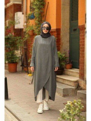 Gri Denim Tensel Standart Salaş Tunik Gri Denim Tensel Standart Salaş Tunik