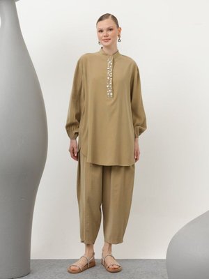 Haki Cupro Kumaş Payet Ve İnci Detaylı İkili Takım