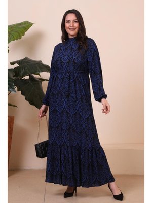 Mavi Kadin Hakim Yaka Buyuk Beden Tesettur Viskon Kumas Pileli Ve Piliseli Elbise