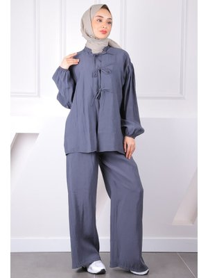 Antrasit Ön Bağlamalı Kimono Pantolonlu Takım
