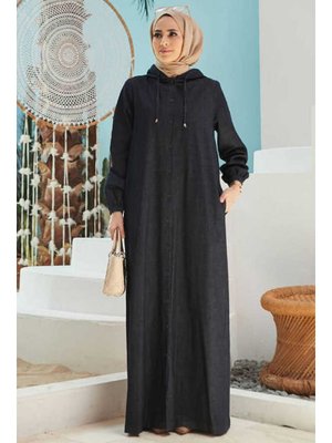Lacivert Denim Kapüşonlu Düğmeli Ferace