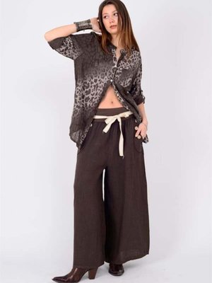 Kahverengi İtalyan Korsajlı Düğme Detay Otantik Kemerli Bol Paçalı Keten Pantolon
