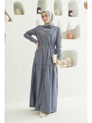 Koyu Mavi Denim Bel Lastikli Düğmeli Elbise