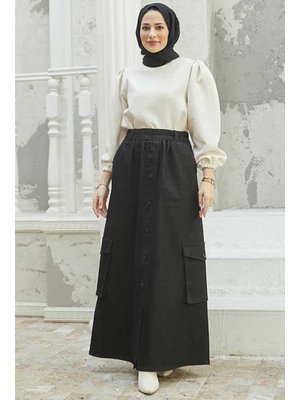 Siyah Denim Yan Cepli Etek