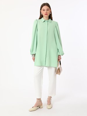 Mint Yeşili İpek Tuşeli Volümlü Kol Detaylı Tunik