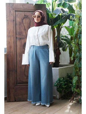 Açık Mavi Denim Püsküllü Pantolon Etek Açık Mavi Denim Püsküllü Pantolon Etek