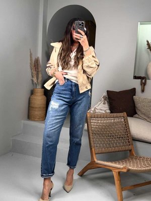 Mavi Yırtık Detaylı Mom's Jean Pantolon Mavi Yırtık Detaylı Mom's Jean Pantolon