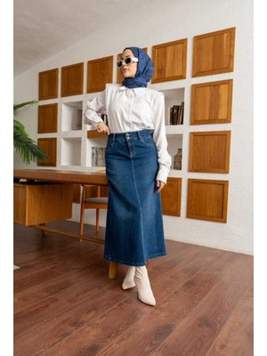 Koyu Mavi Denim Klasik Etek Koyu Mavi Denim Klasik Etek