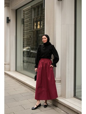 Bordo Beli Lastikli Poplin Etek Bordo Beli Lastikli Poplin Etek