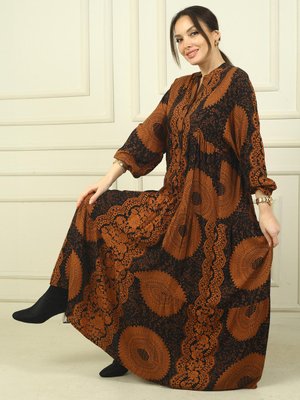 Lacivert Önü Yarım Düğmeli Etnik Desenli Fırfırlı Oversize Elbise