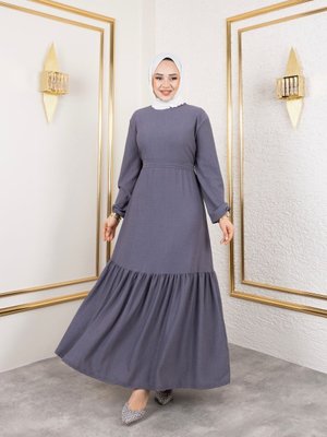 Lila Belden Kuşaklı Ve Bisiklet Yaka Bürümcük Kumaş Elbise Lila Belden Kuşaklı Ve Bisiklet Yaka Bürümcük Kumaş Elbise