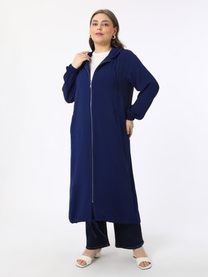 Lacivert Büyük Beden Kapüşonlu Fermuarlı Kap