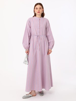 Pamuk İçerikli Belden Bağlama Detaylı Elbise Mavi Çizgili