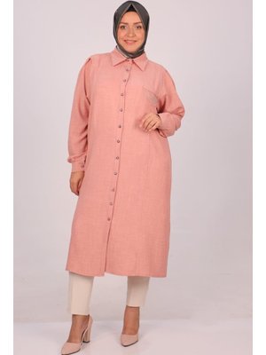 Pudra Büyük Beden Cep Detaylı Keten Airobin Gömlek