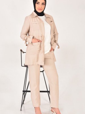 Bej Lina Kumaş Keten Görünümlü Beli Büzgü Detaylı Üç Parça Takım Bej Lina Kumaş Keten Görünümlü Beli Büzgü Detaylı Üç Parça Takım