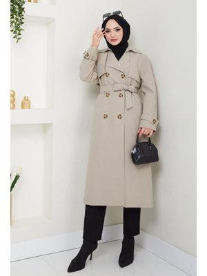Taşlı Toka Detaylı Astarlı Taş Trençkot