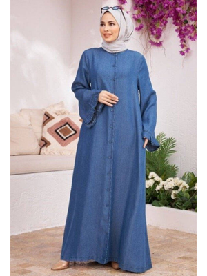Koyu Mavi Denim Düğmeli Kolları Fırfırlı Ferace Koyu Mavi Denim Düğmeli Kolları Fırfırlı Ferace