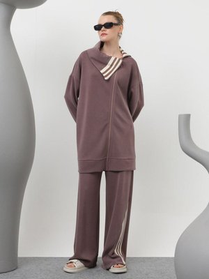 Mor Modal Kumaş Degaje Yaka Çizgi Detaylı İkili Takım