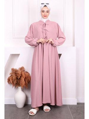 Gül Kurusu Kol Lastikli Yaka Bağlamalı Bürümcük Elbise Gül Kurusu Kol Lastikli Yaka Bağlamalı Bürümcük Elbise