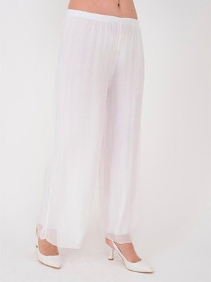 Beyaz Italyan Astarlı Lastikli İpek Pantolon