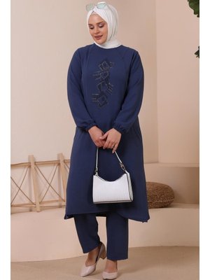 Üst Takım Cepli Ve Taş İşlemeli İndigo Kadin Buyuk Beden Alt