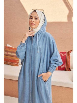 Mavi Denim Kapüşonlu Yarasa Tunik Mavi Denim Kapüşonlu Yarasa Tunik