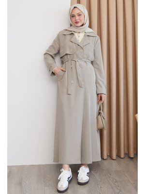 Kapak Detay Uzun Astarlı Krem Trençkot