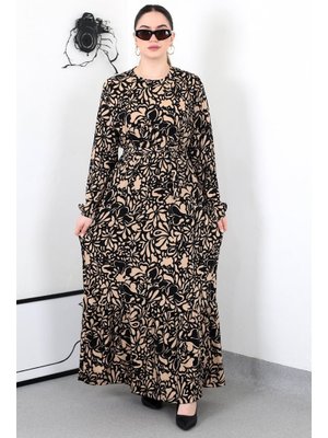 Bej Çiçek Kuşaklı Battal Elbise