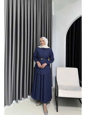Lacivert Kemerli Poplin Etekli Takım Lacivert Kemerli Poplin Etekli Takım