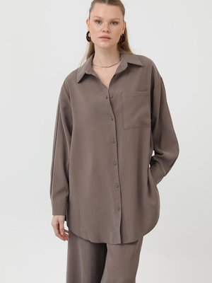 Kahverengi Cupro Kumaş Tek Cepli Düğmeli İkili Takım