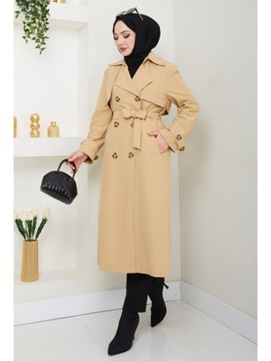 Taşlı Toka Detaylı Astarlı Camel Trençkot