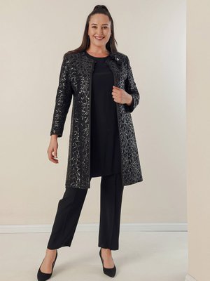 Siyah Yanları Yırtmaçlı Krep Bluz Kolları Ve Önü Pulpayet Astarlı Ceket Pantolon Büyük Beden 3'lü Takım