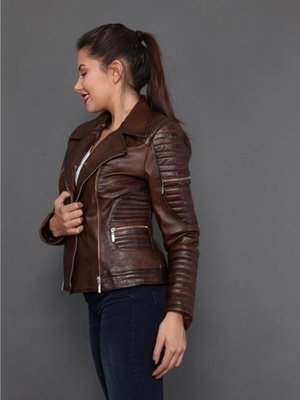 Kahverengi Hakiki Deri Fermuarlı İşlemeli Mont