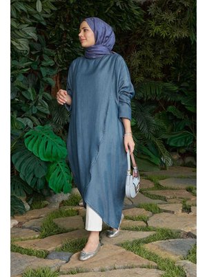 Koyu Mavi Denim Tensel Standart Salaş Tunik Koyu Mavi Denim Tensel Standart Salaş Tunik